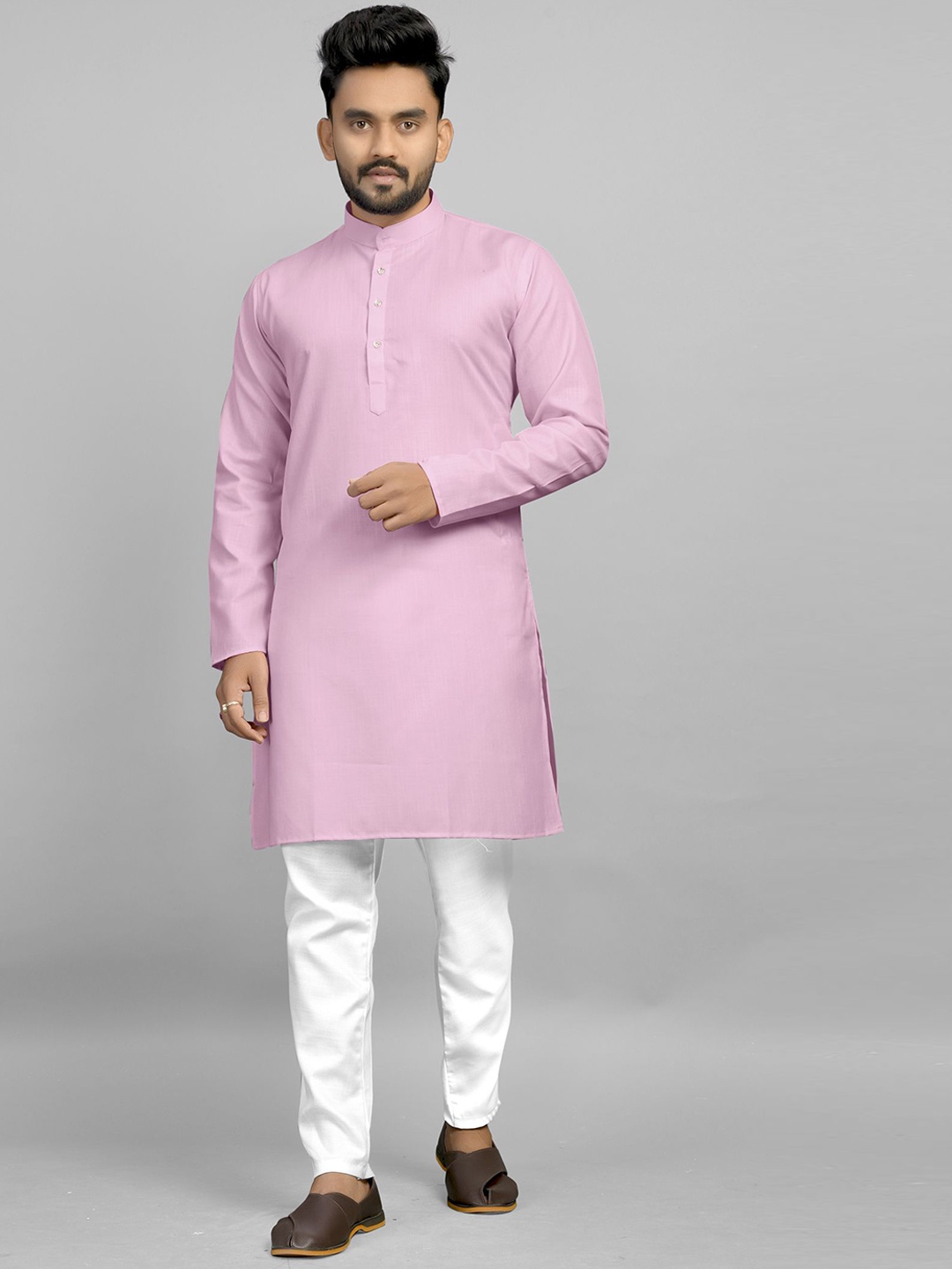 

Fashion FRICKS Band Collar Cotton Straight Kurta, Pink
