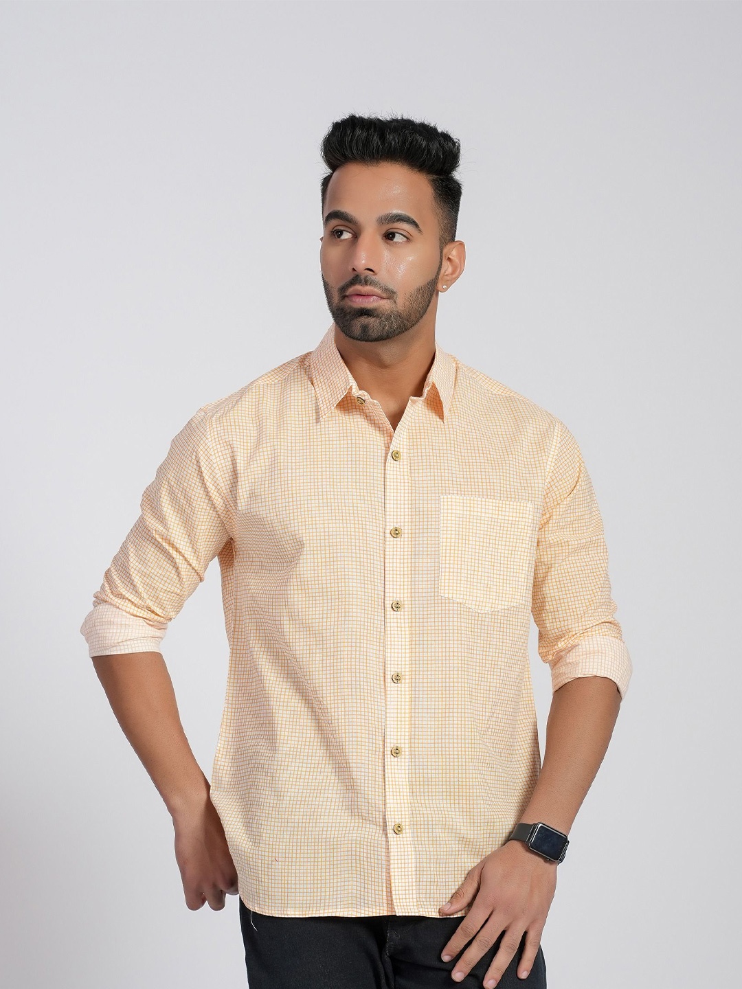 

Cotton Curio Men Comfort Gingham Checks Opaque Checked Casual Shirt, Yellow