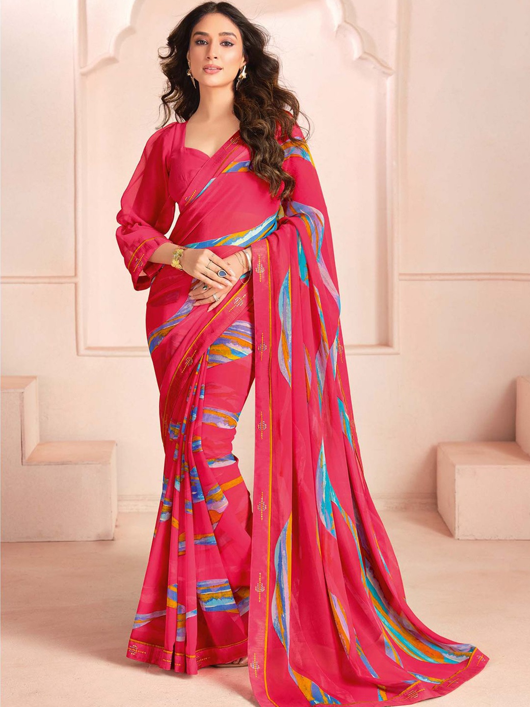 

Saree mall Paisley Poly Georgette Leheriya Sarees, Pink