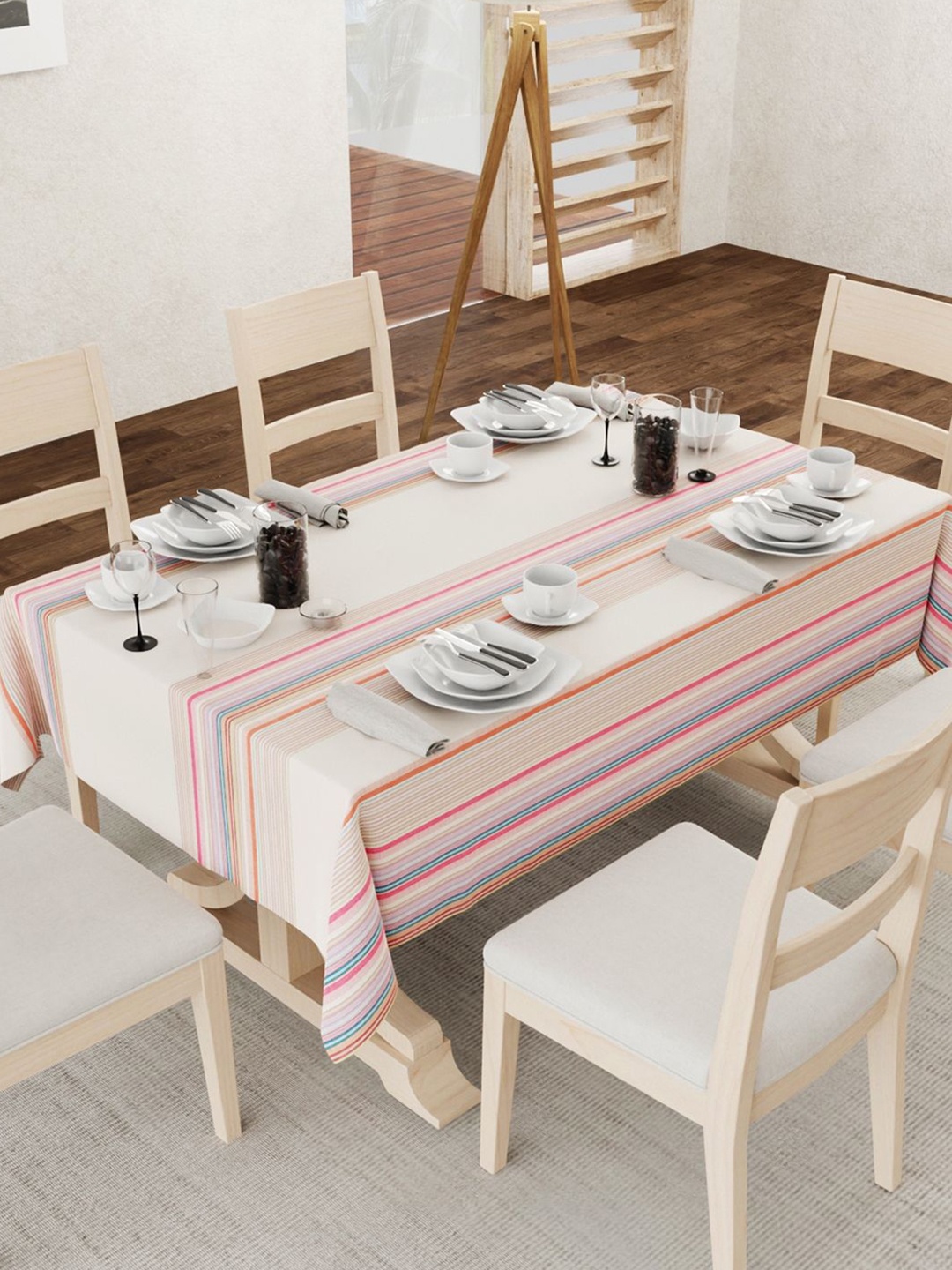 

URBAN SPACE Cream-Coloured Striped Anti-Slip 4-Seater Table Cover