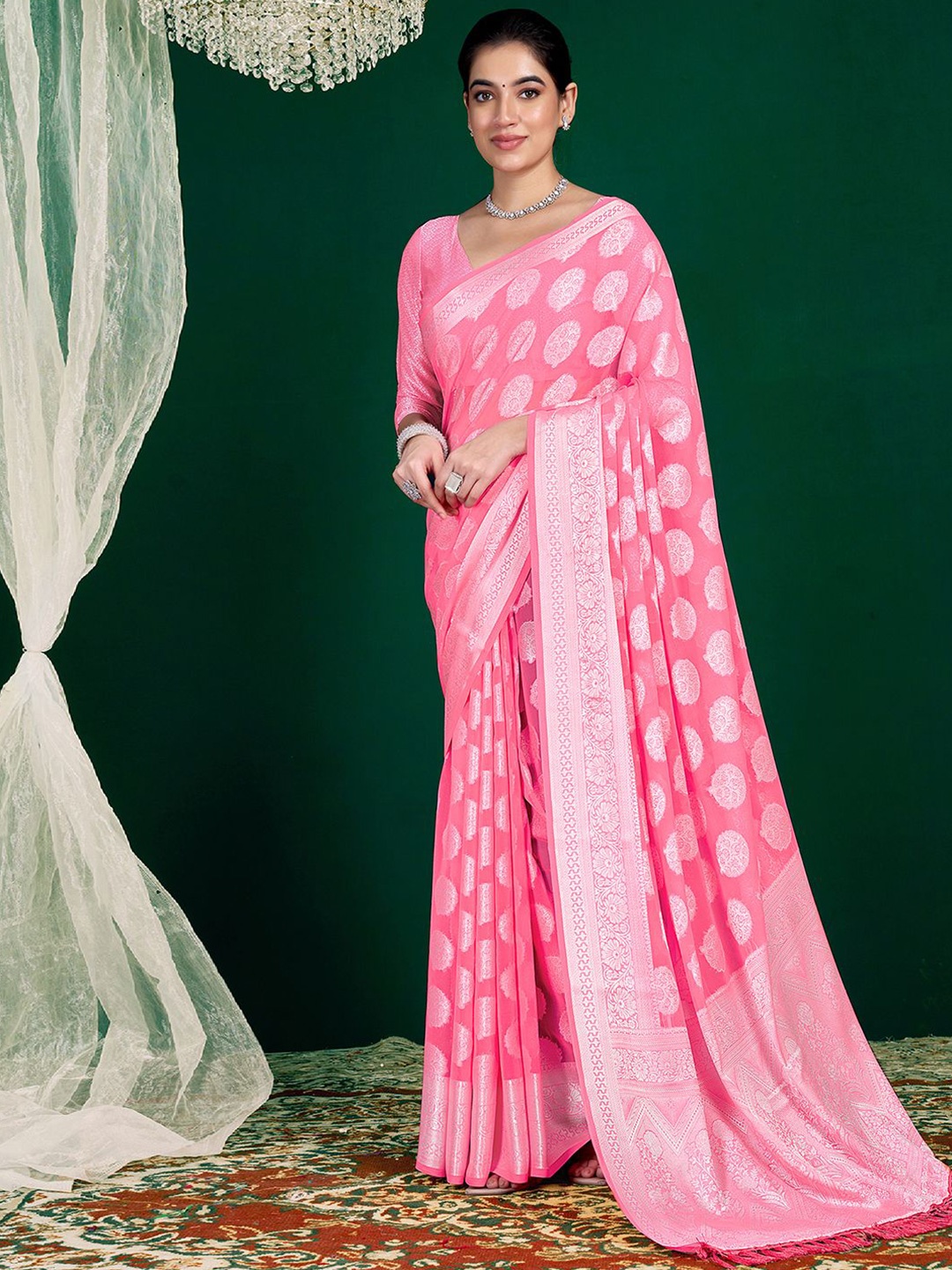 

Satrani Woven Design Zari Pure Georgette Saree, Pink