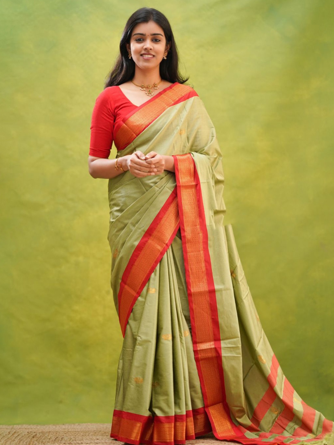 

yourwish Woven Design Zari Silk Cotton Kanjeevaram Saree, Olive