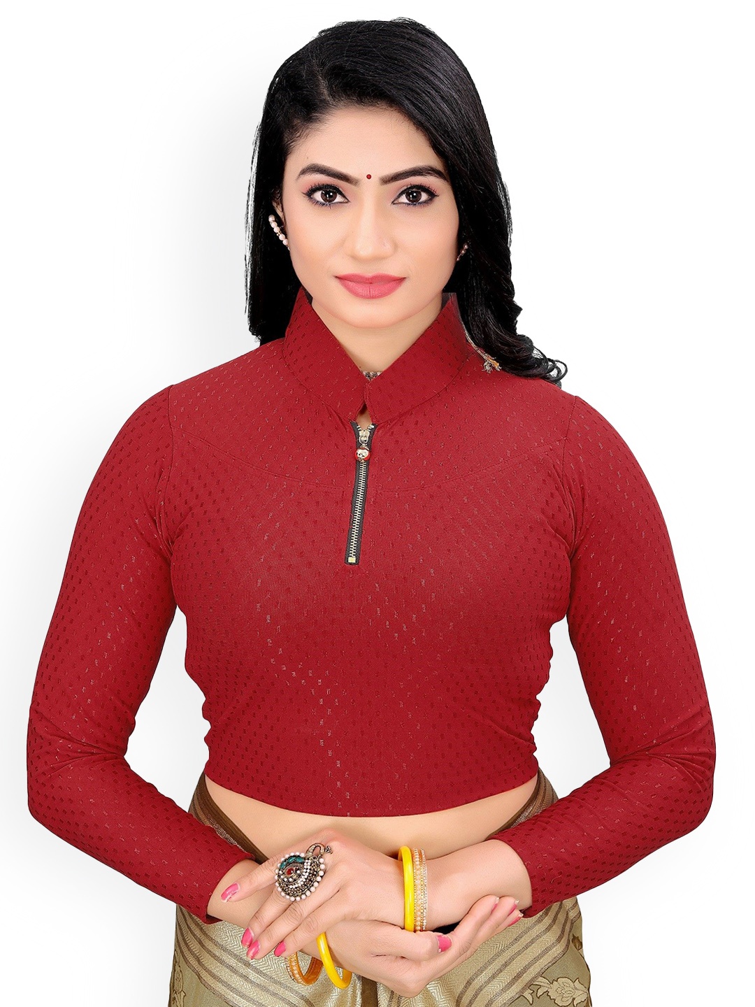 

SS Sanket Synthetics Textured Dobby Zipper Full Sleeved Saree Blouse, Maroon