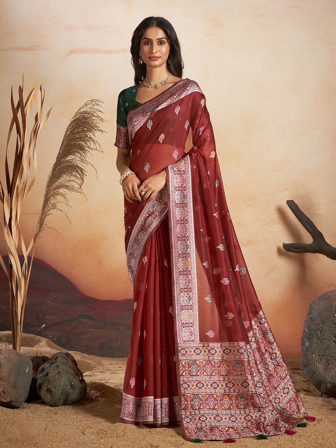 

SARHA Floral Woven Design Chanderi Saree With Unstitched Blouse Piece, Red