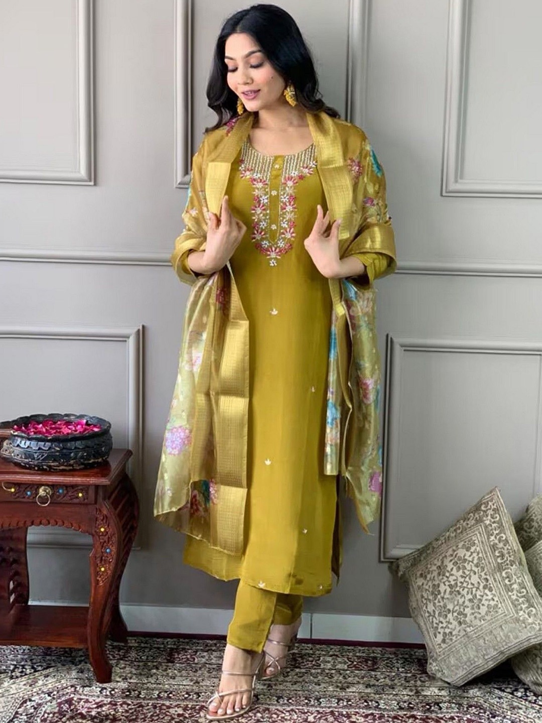 

ZEEPKART Floral Embroidered Round Neck Sequinned Straight Kurta With Trousers & Dupatta, Mustard