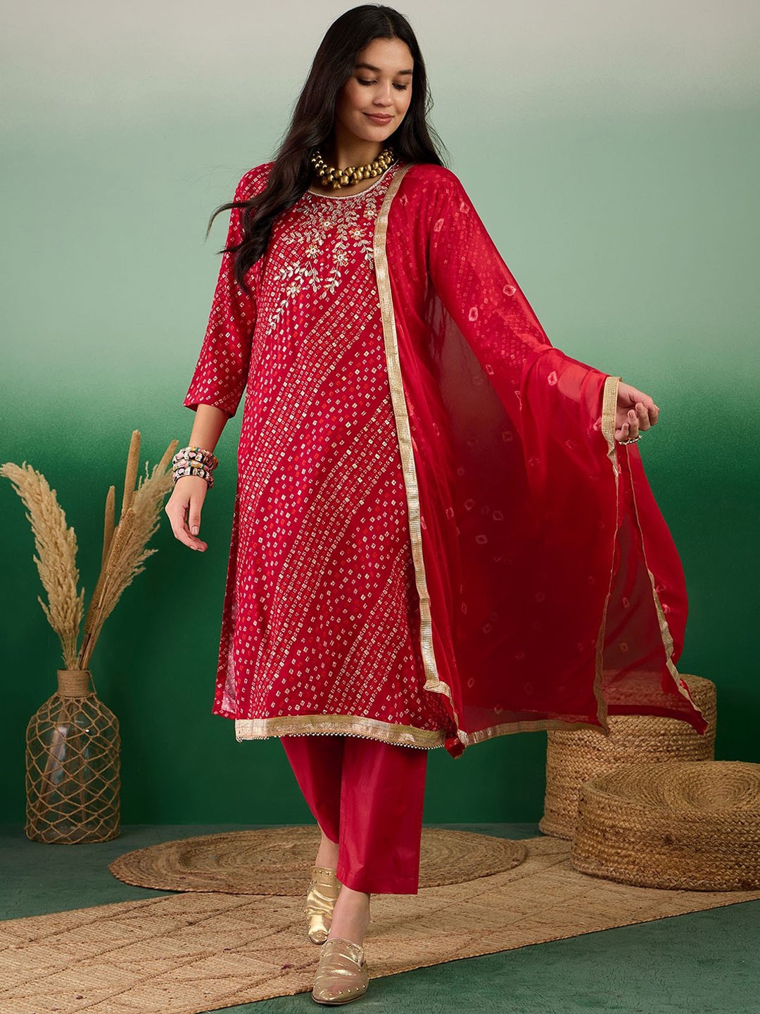 

SAINOOR Bandhani Printed Gotta Patti Pure Cotton Semi-Stitched Dress Material, Red