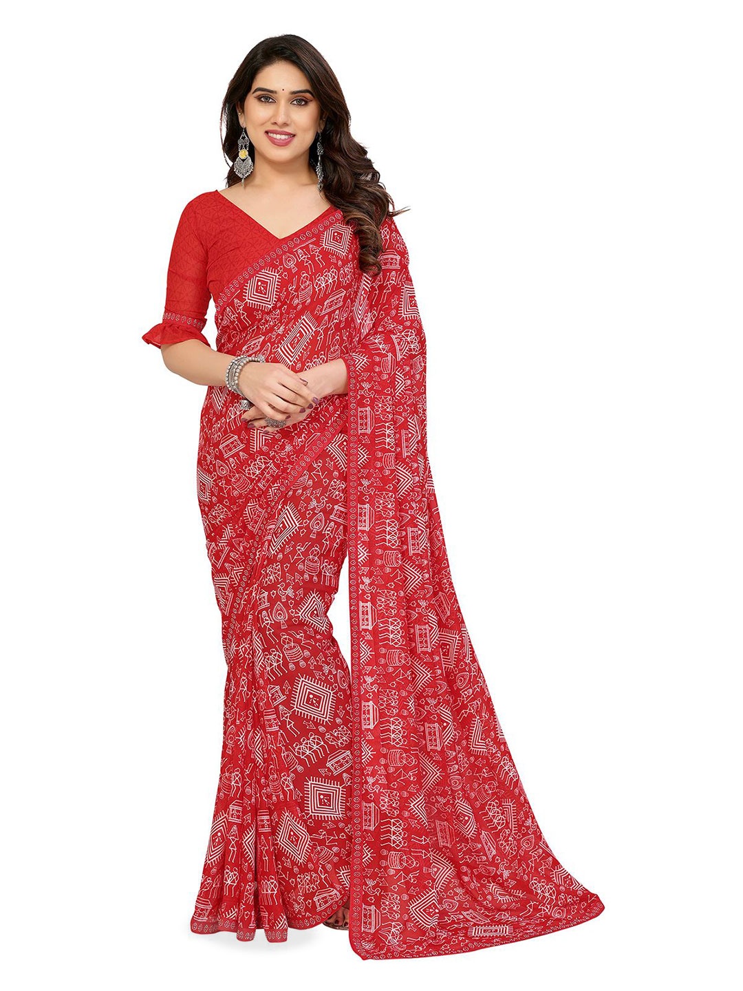 

Moda Rapido Geometric Printed Beads and Stones Saree, Red