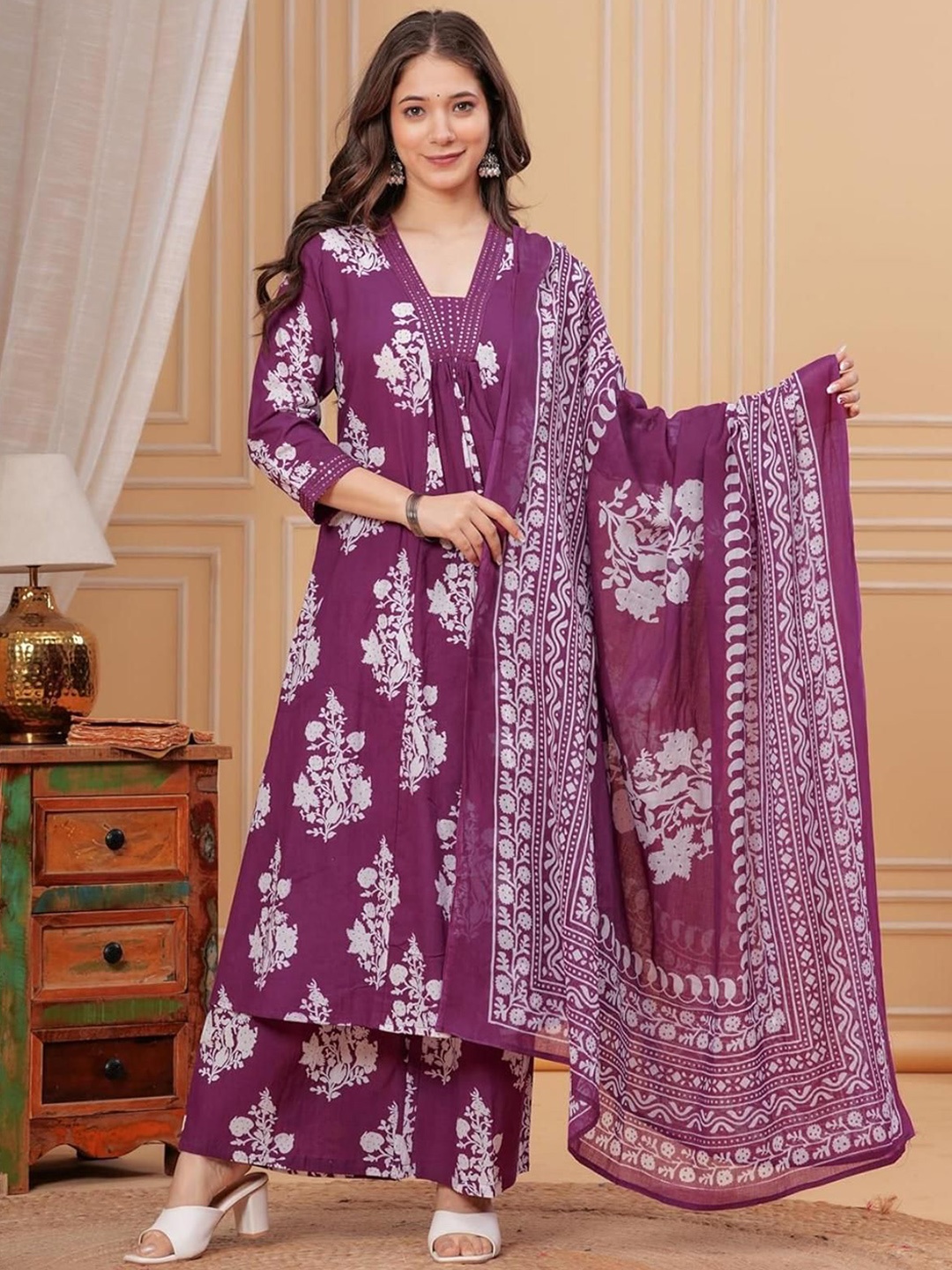 

S & D ATTIRE Floral Printed Pleated V-Neck Mirror Work A-Line Kurta With Palazzo & Dupatta, Purple