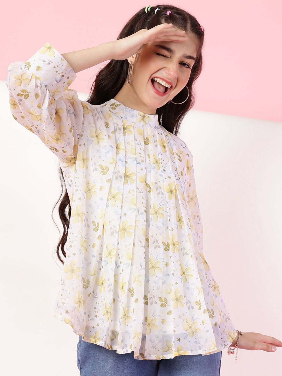 

Miss & Chief Girls Floral Printed Cuffed Sleeves A-Line Top, White