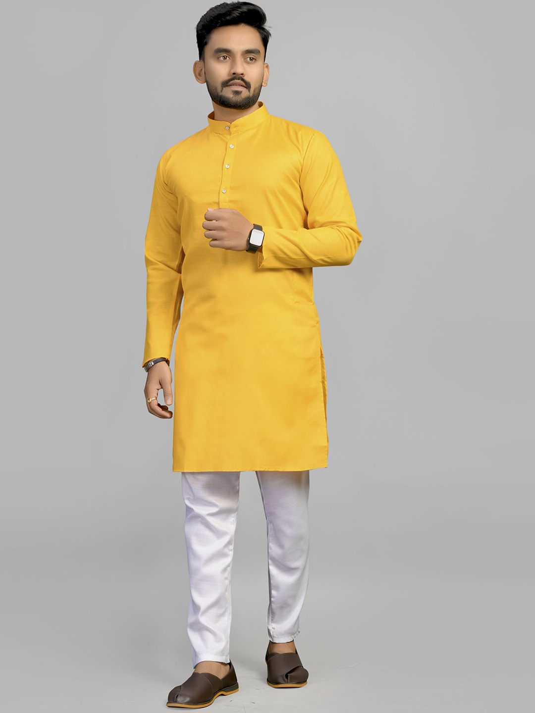 

Fashion FRICKS Band Collar Cotton Straight Kurta, Mustard