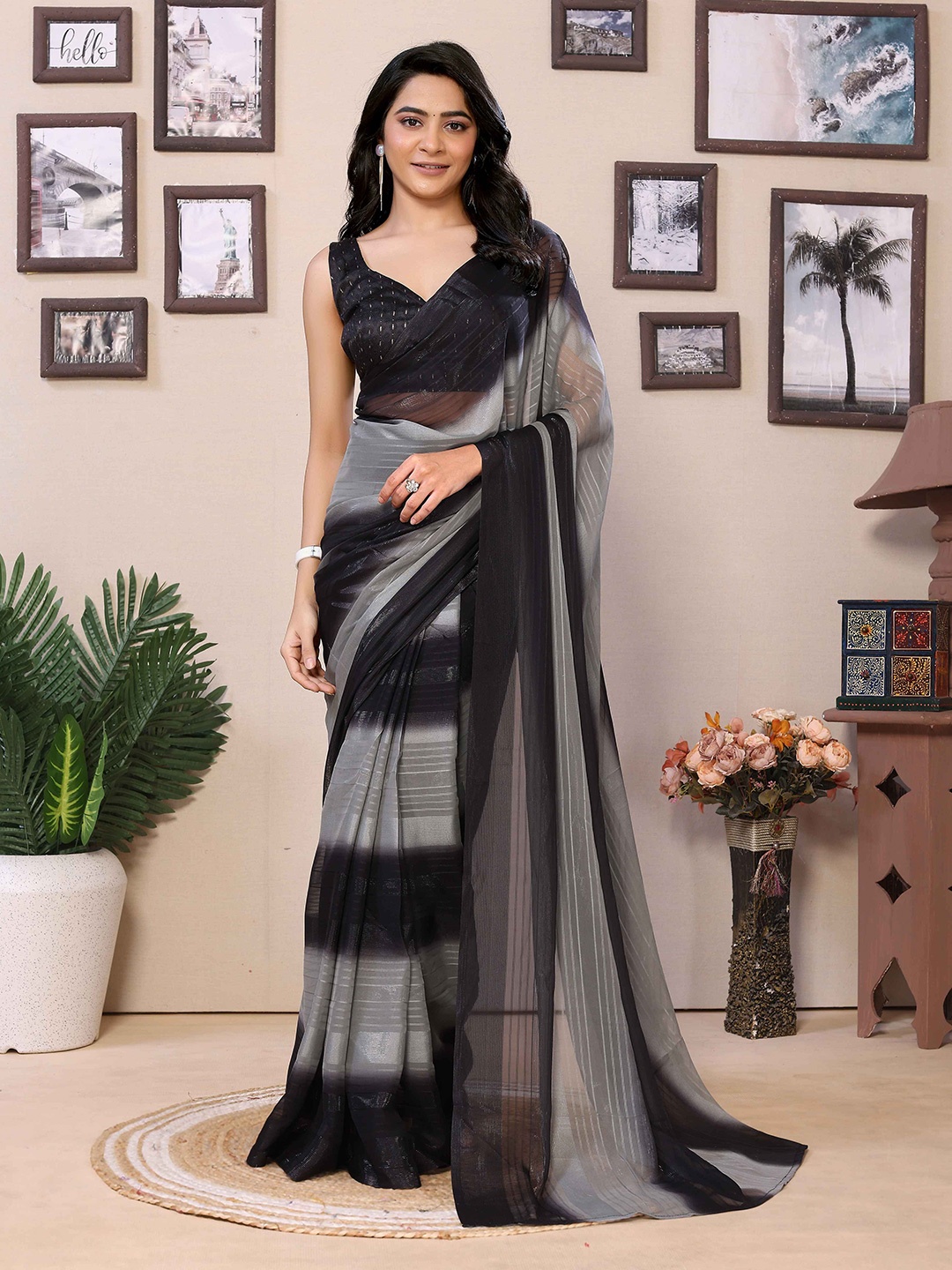 

Rhey Striped Pure Georgette Ready to Wear Saree, Black
