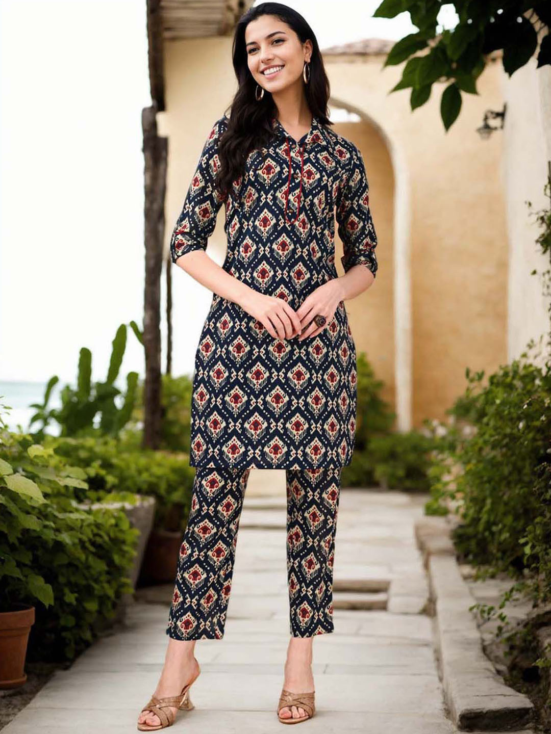 

Anouk Printed Shirt Collar Pure Cotton Tunic And Trousers, Blue