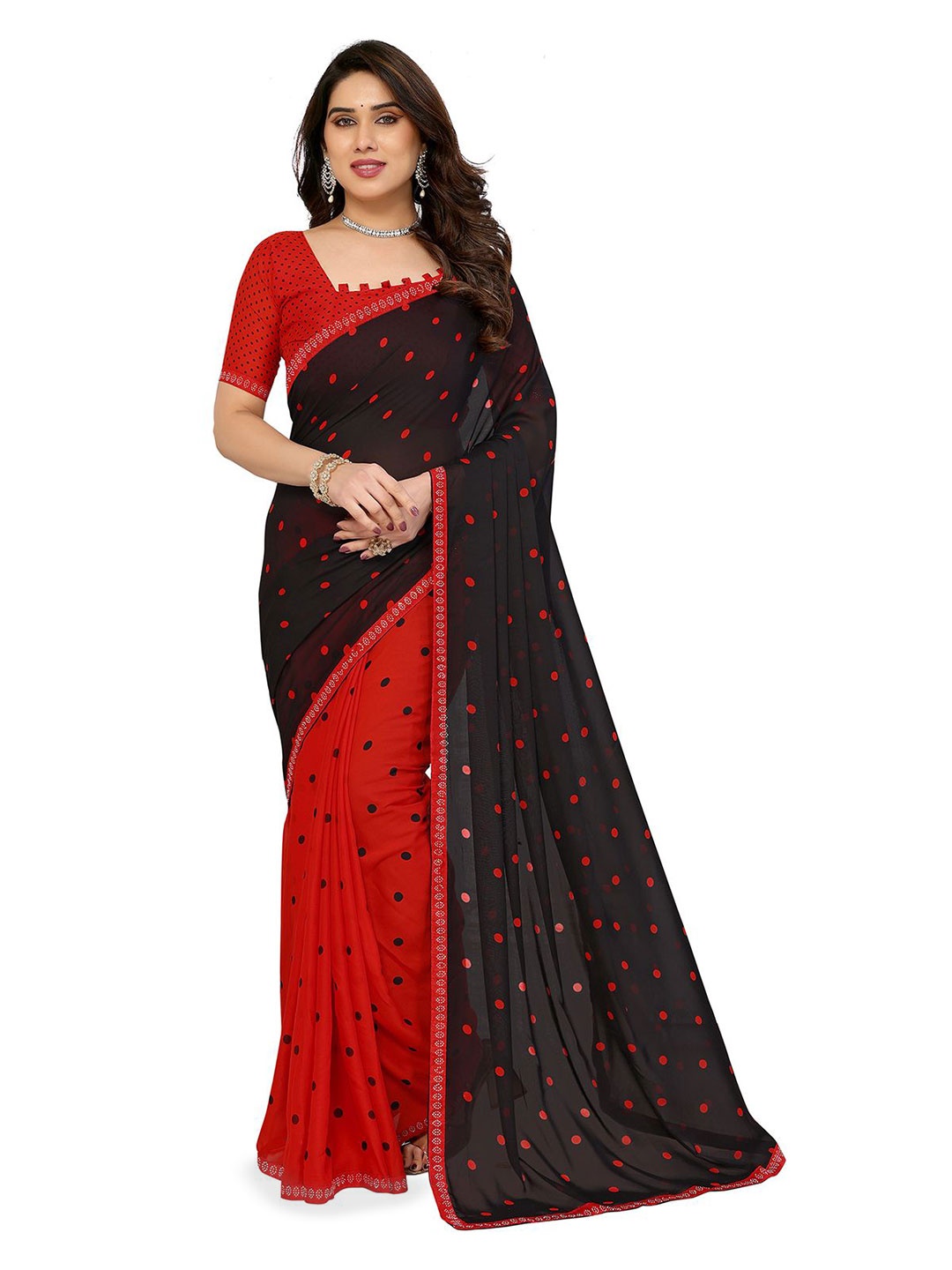 

Moda Rapido Women Polka Dots Saree With Blouse Piece, Red