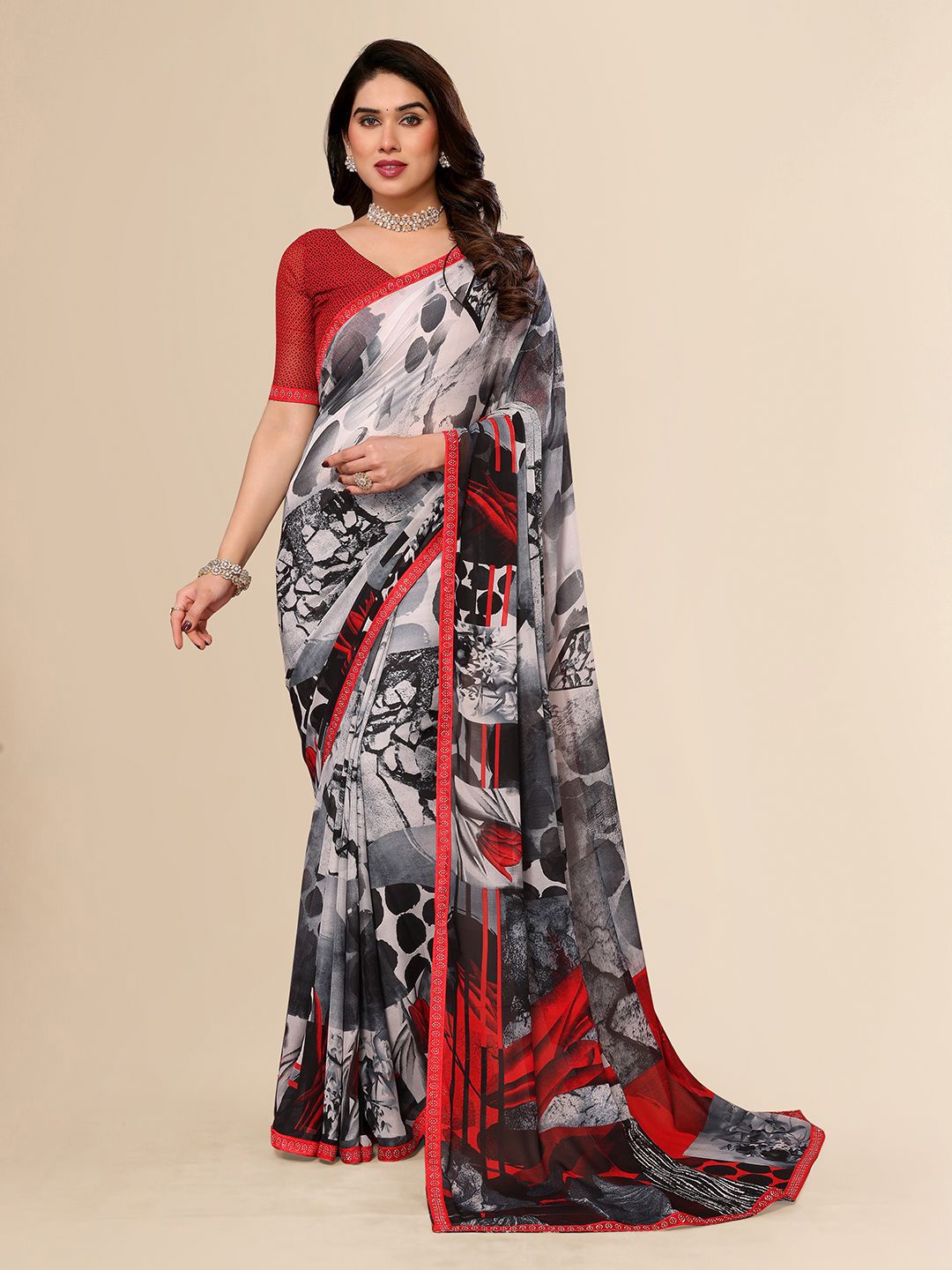 

Moda Rapido Abstract Printed Beads and Stones Saree, Black
