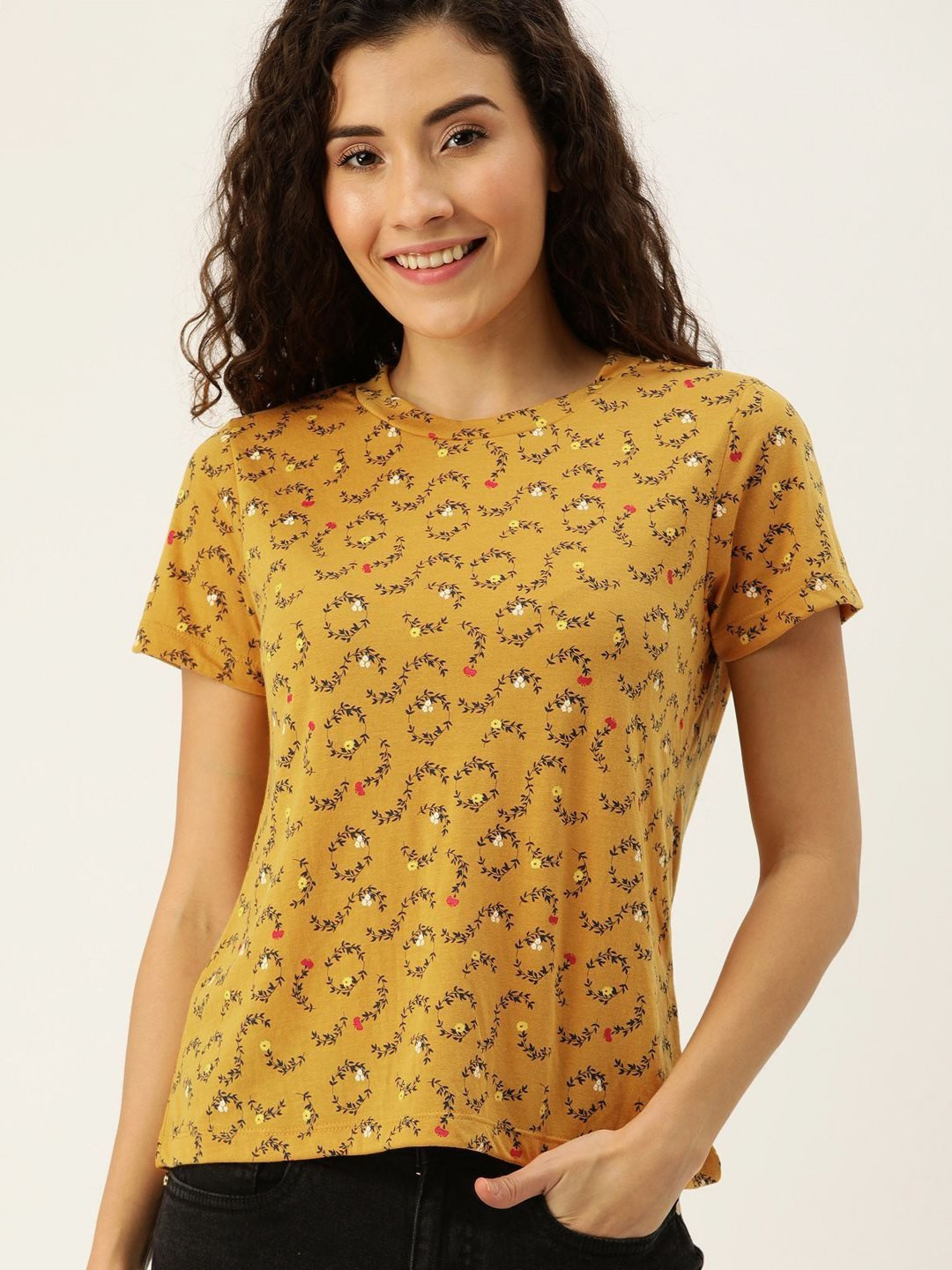 

DressBerry Women Floral Printed T-shirt, Mustard