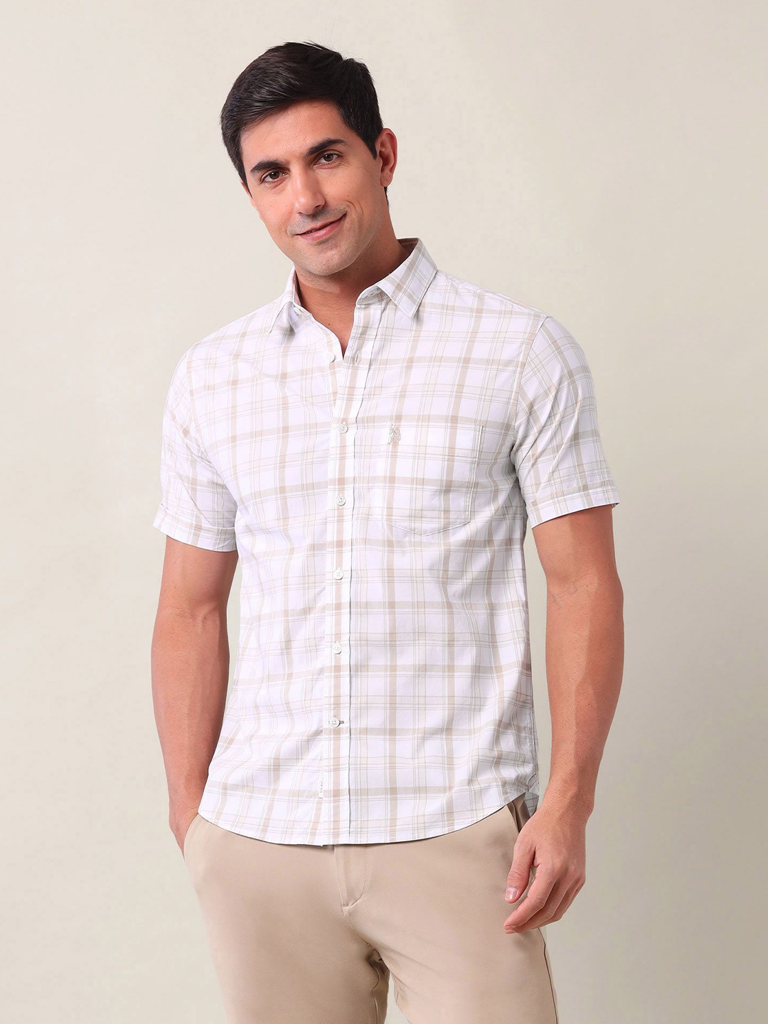 

U.S. Polo Assn. Men Tailored Fit Opaque Checked Casual Shirt, Beige