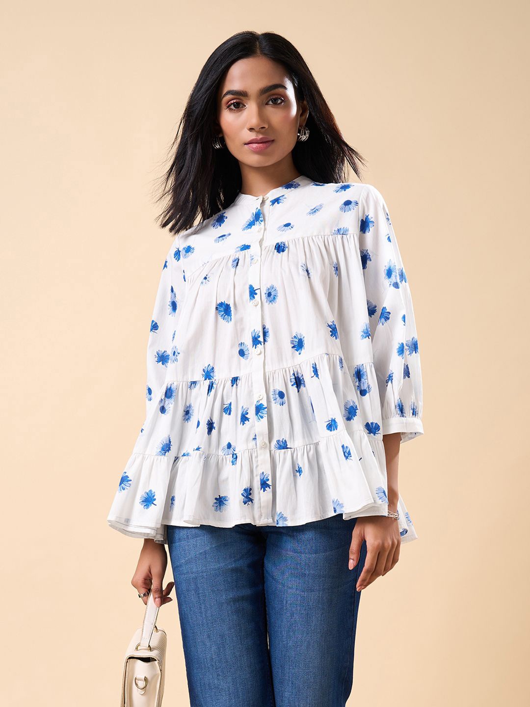 

Marigold Lane Floral Print Mandarin Collar Cotton Top, White
