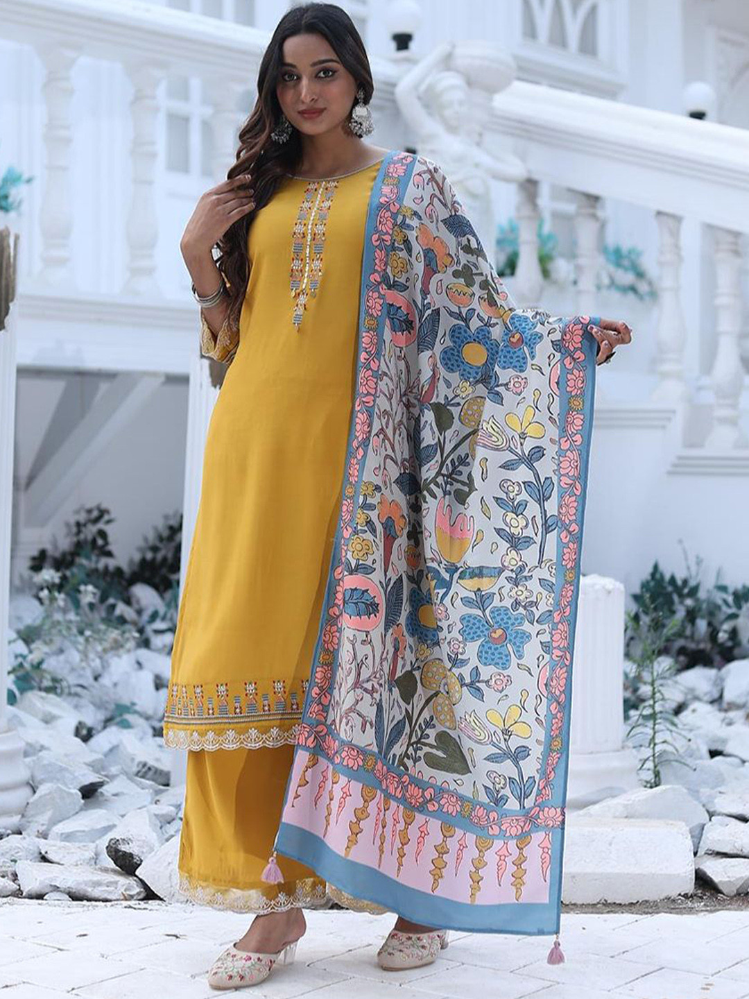 

KODILA ENTERPRISE Floral Printed Thread Work Straight Kurta With Trouser And Dupatta, Yellow