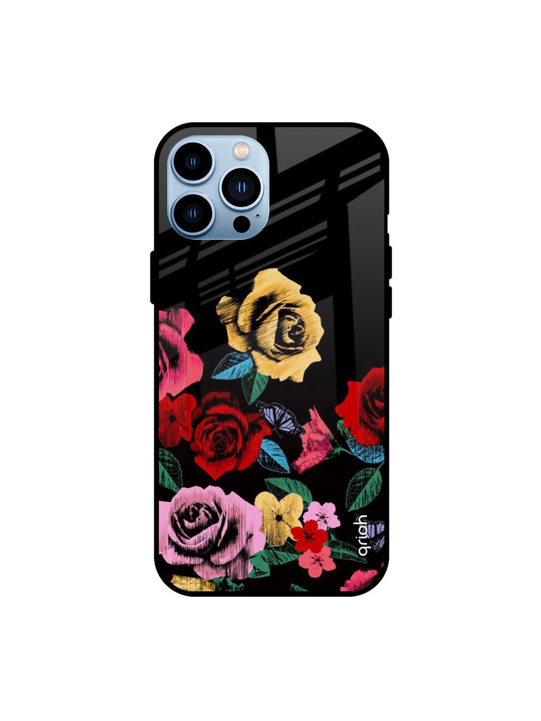 

QRIOH Floral Decorative Printed iPhone 13 Pro Back Case, Black