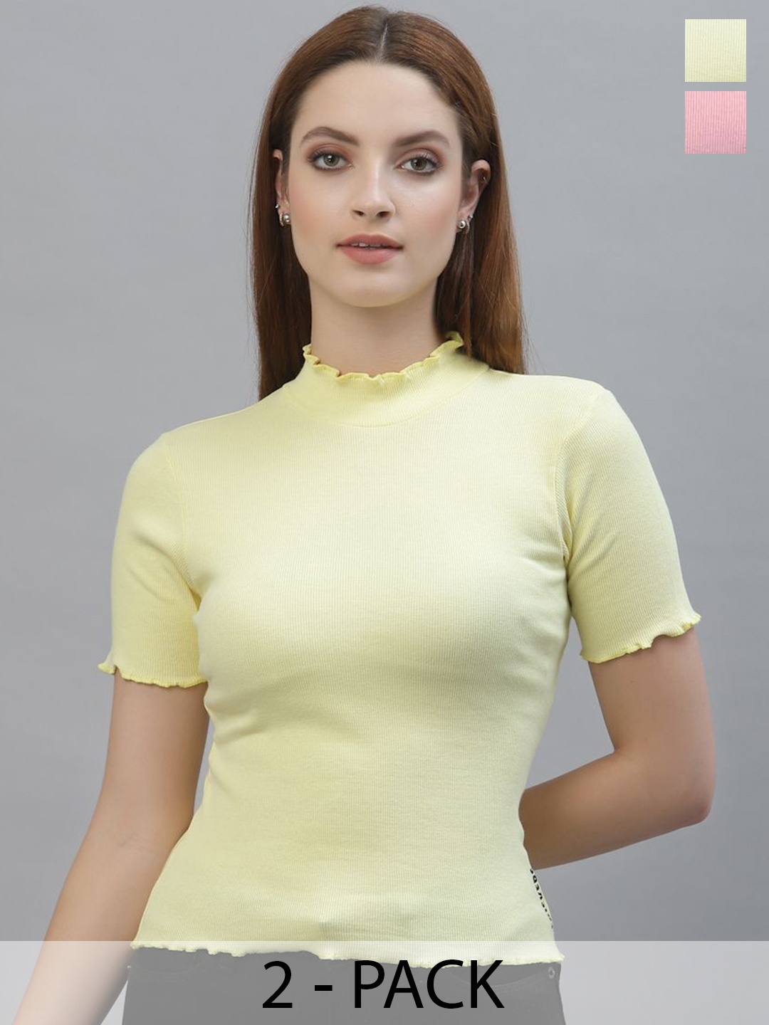 

Friskers Women Pack Of 2 High Neck Cotton Fitted Top, Yellow