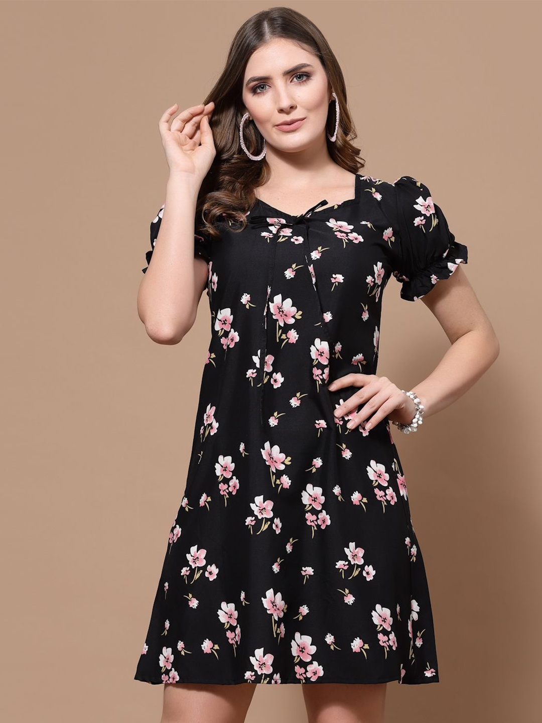 

Oomph! Floral Print Puff Sleeve Crepe Sheath Mini Dress, Black