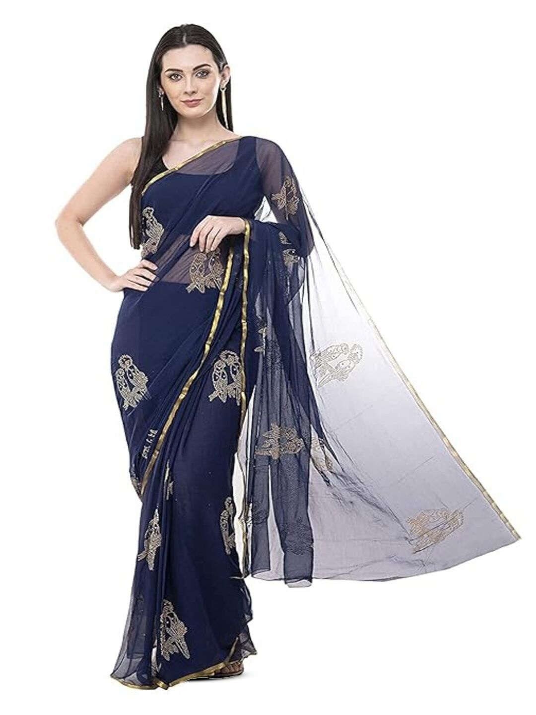 

DURGA EMPORIO Ethnic Motifs Zari Pure Chiffon Saree, Navy blue
