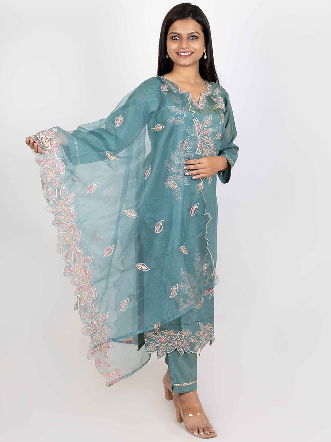 

The Kalakriti House Floral Embroidered Pure Silk Straight Kurta With Trousers & Dupatta, Teal