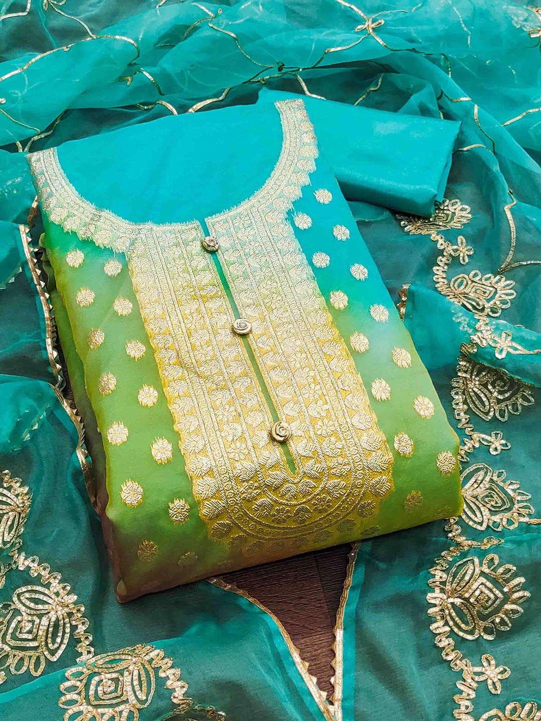 

KALINI Organza Unstitched Dress Material, Turquoise blue