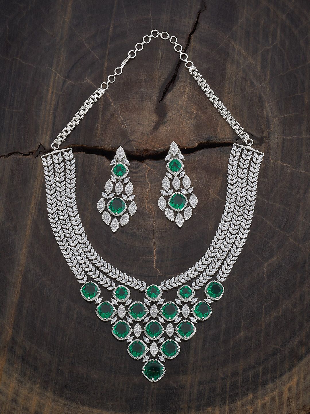 

Kushal's Fashion Jewellery Green Rhodium-Plated Party Zircon Jewellery Set, Silver