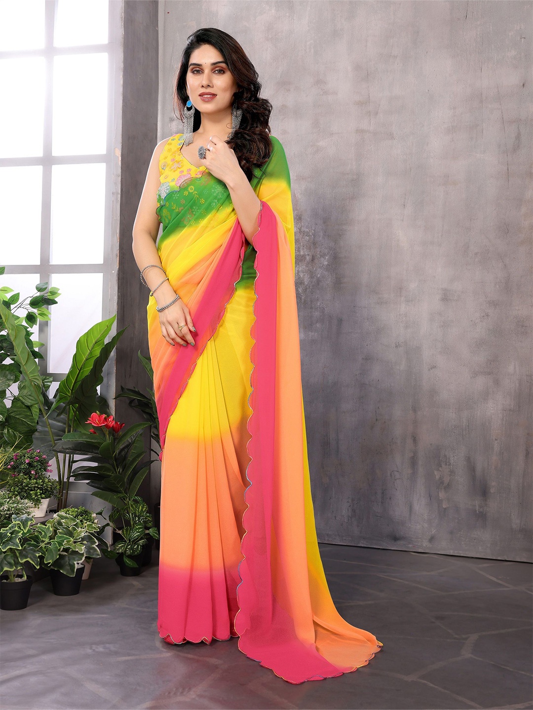 

Moda Rapido Ombre Poly Georgette Designer Saree, Yellow