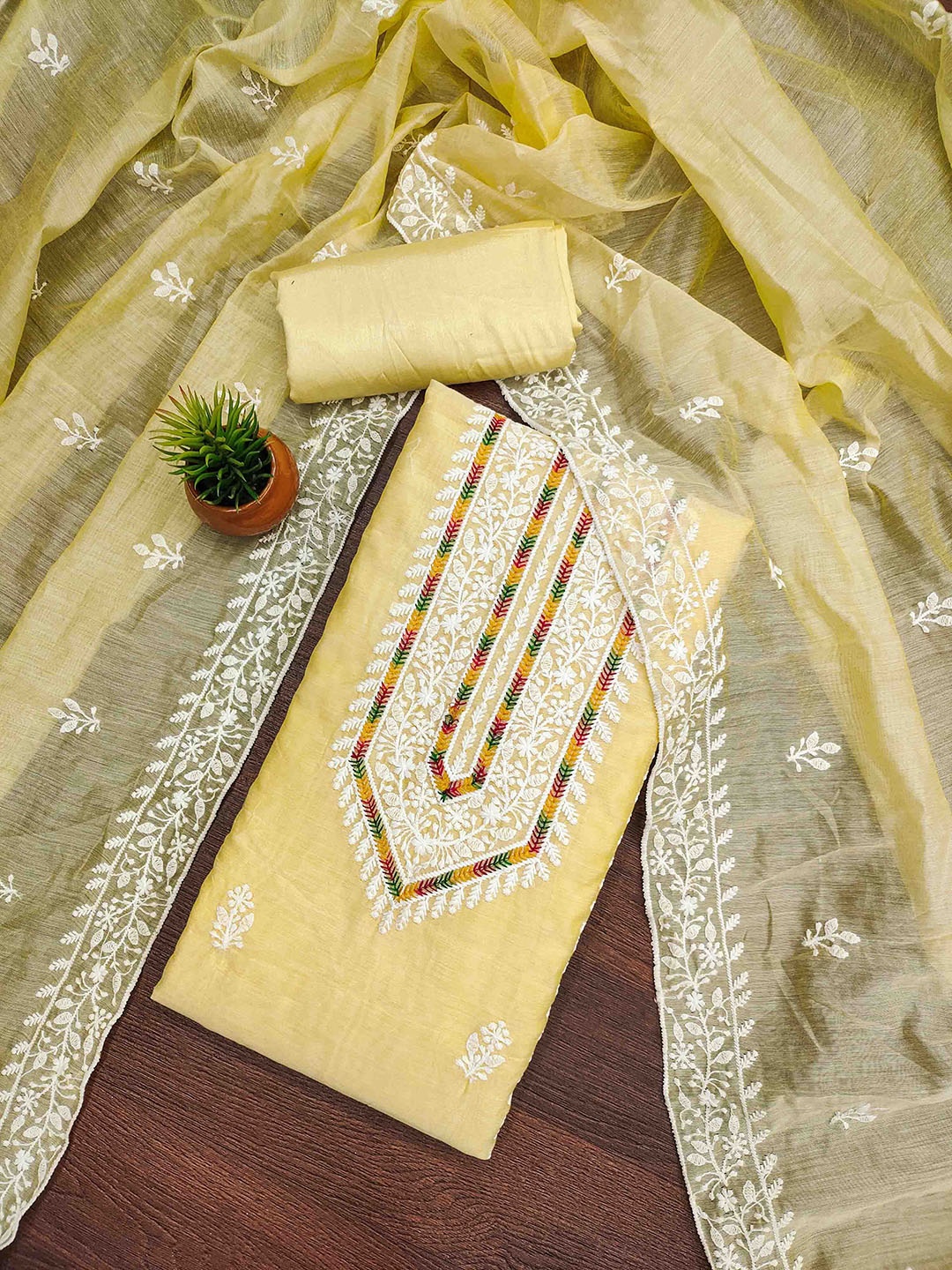 

KALINI Embroidered Unstitched Dress Material, Yellow