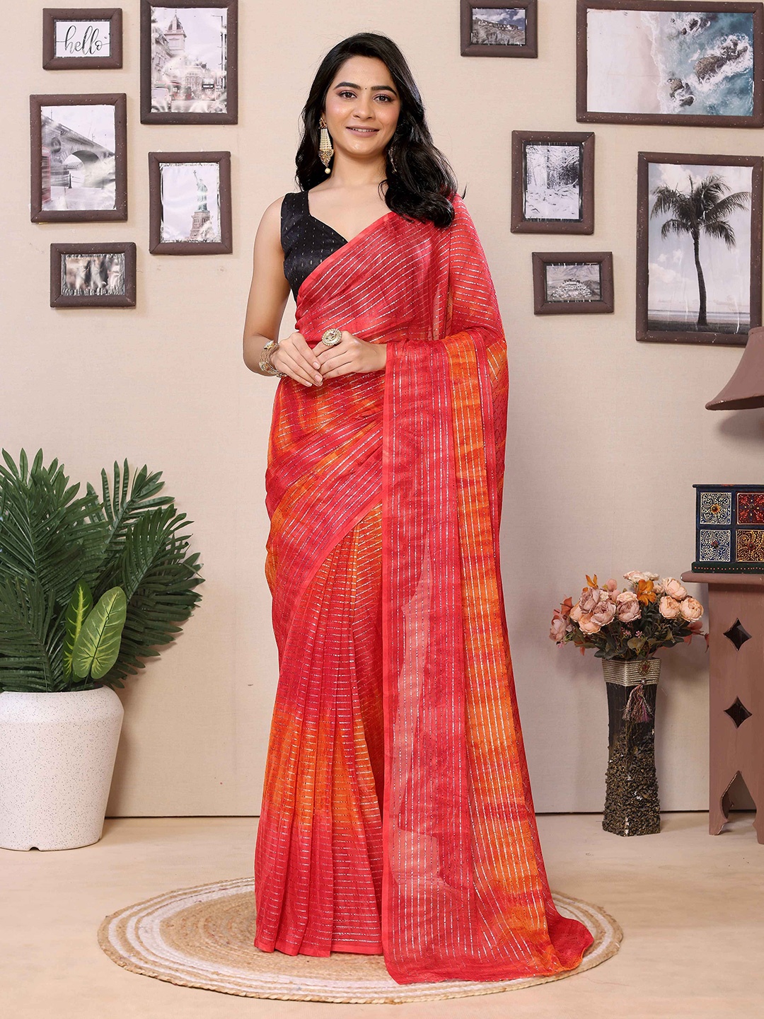 

Rhey Striped Pure Georgette Ready to Wear Saree, Red
