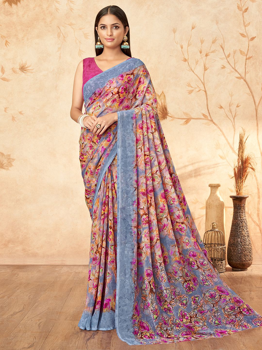 

DIVASTRI Ethnic Motifs Poly Georgette Saree, Grey