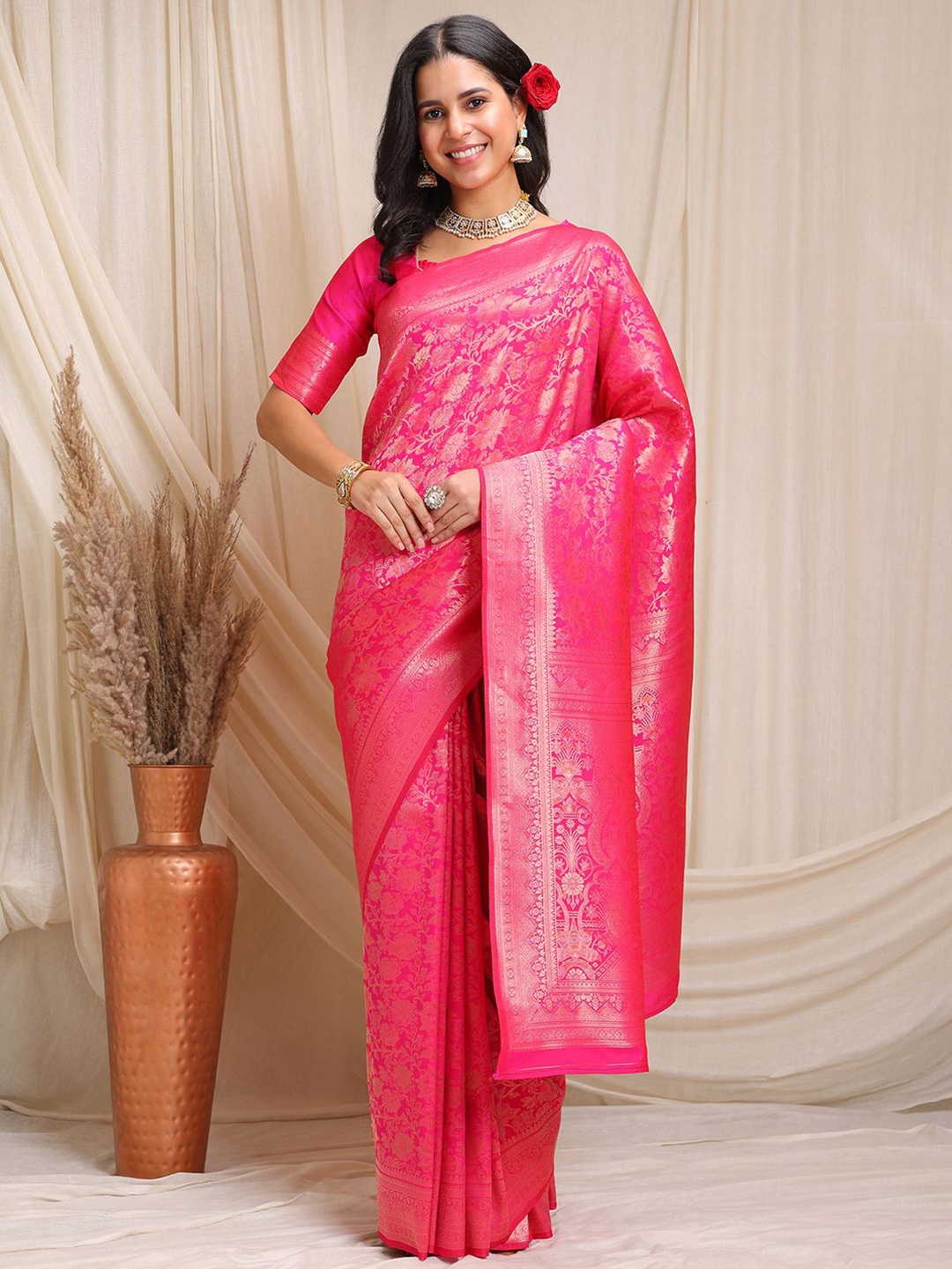 

RAJGRANTH Woven Design Zari Pure Silk Kanjeevaram Saree, Pink