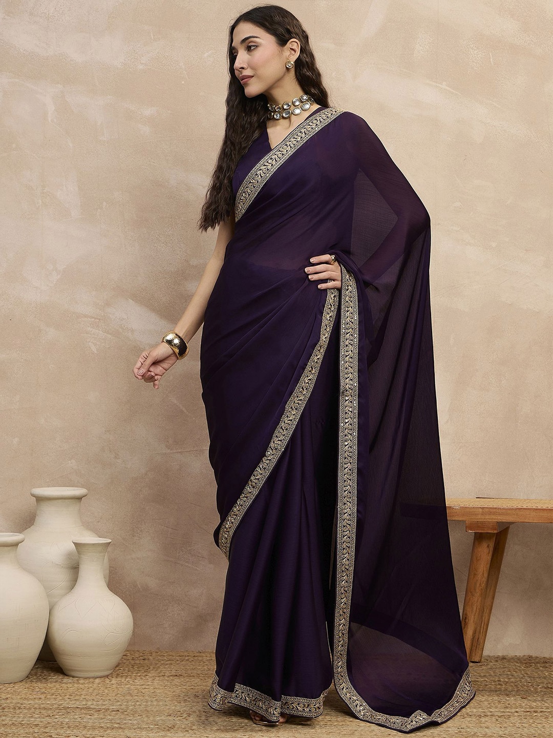 

all about you Embroidered Saree, Purple