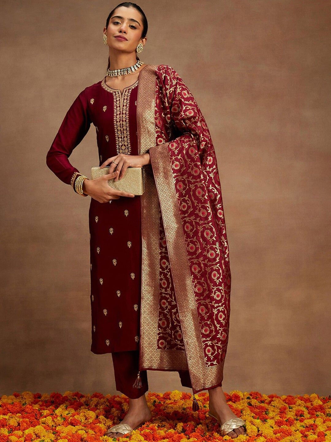 

NIRMAL CREATION Embroidered Pure Cotton Straight Kurta With Trousers & Dupatta, Maroon