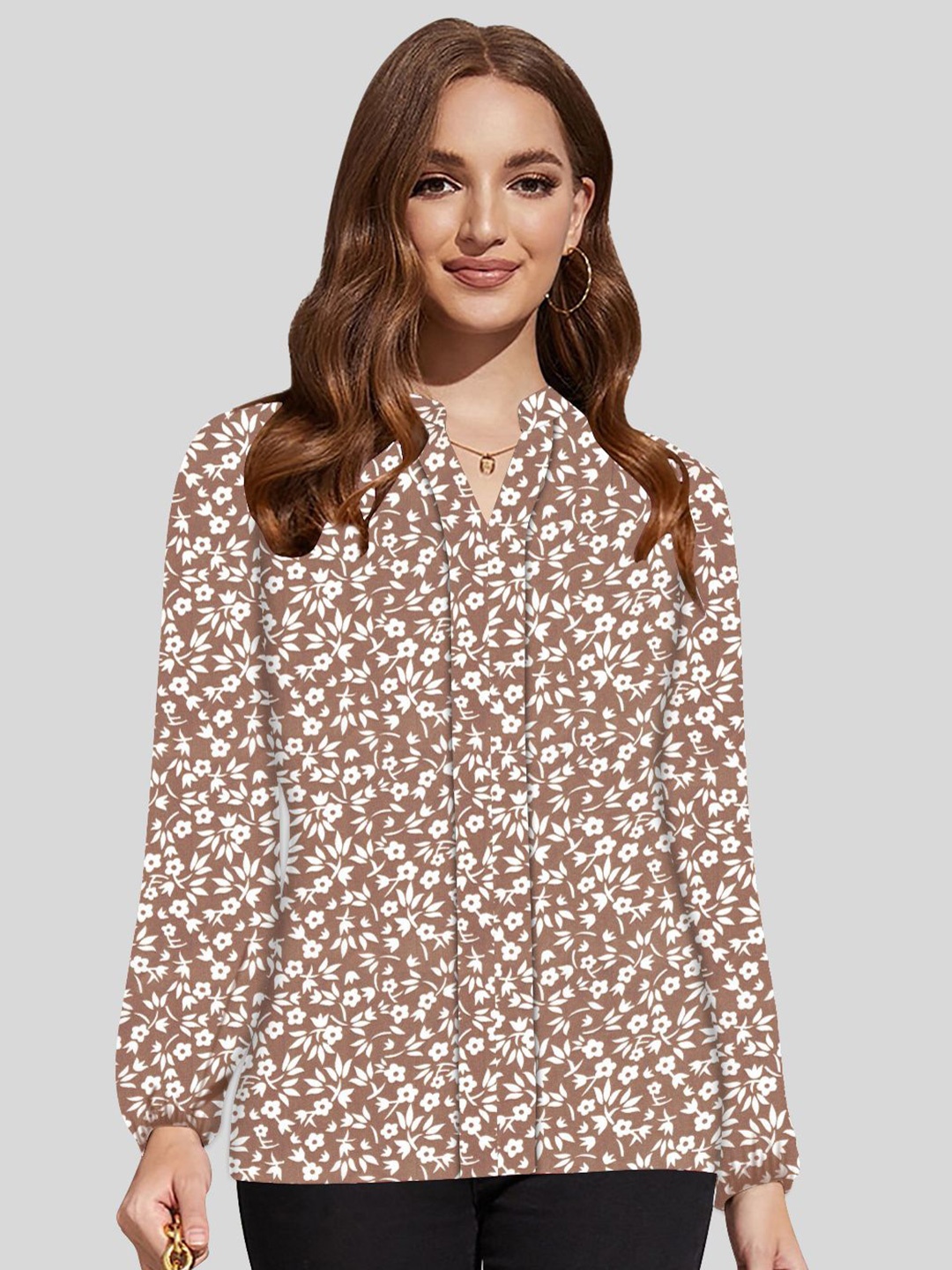 

BAESD Floral Printed Cotton Shirt Style Top, Brown