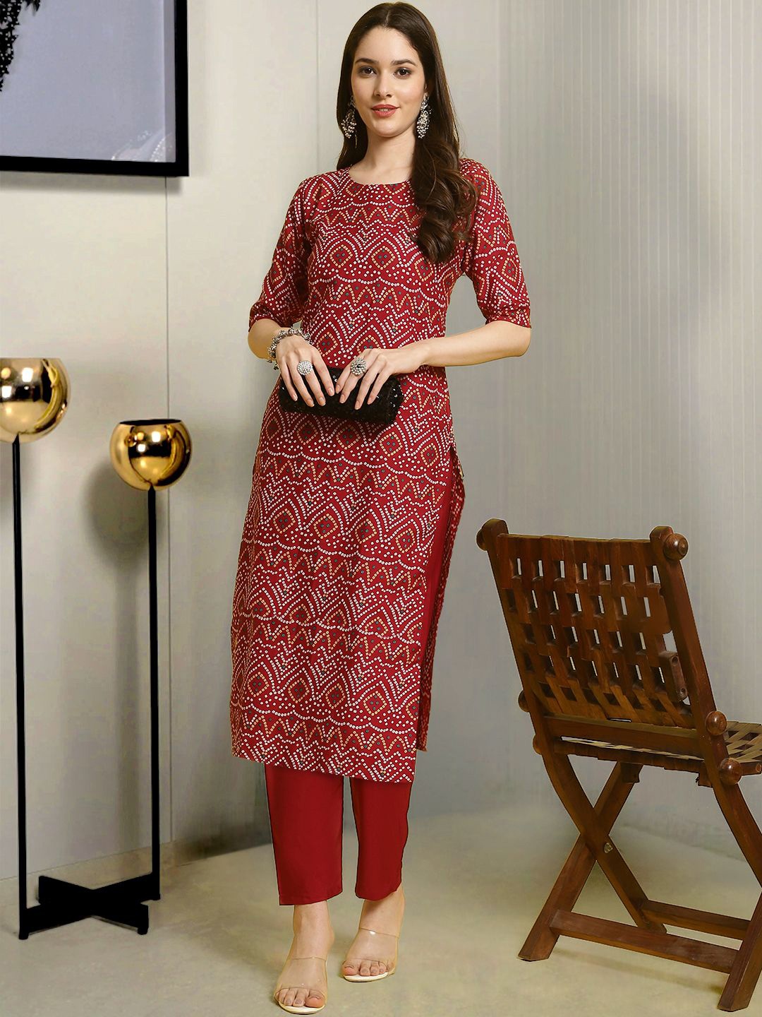 

Moda Rapido Bandhani Printed Round Neck Straight Kurta With Trousers, Maroon