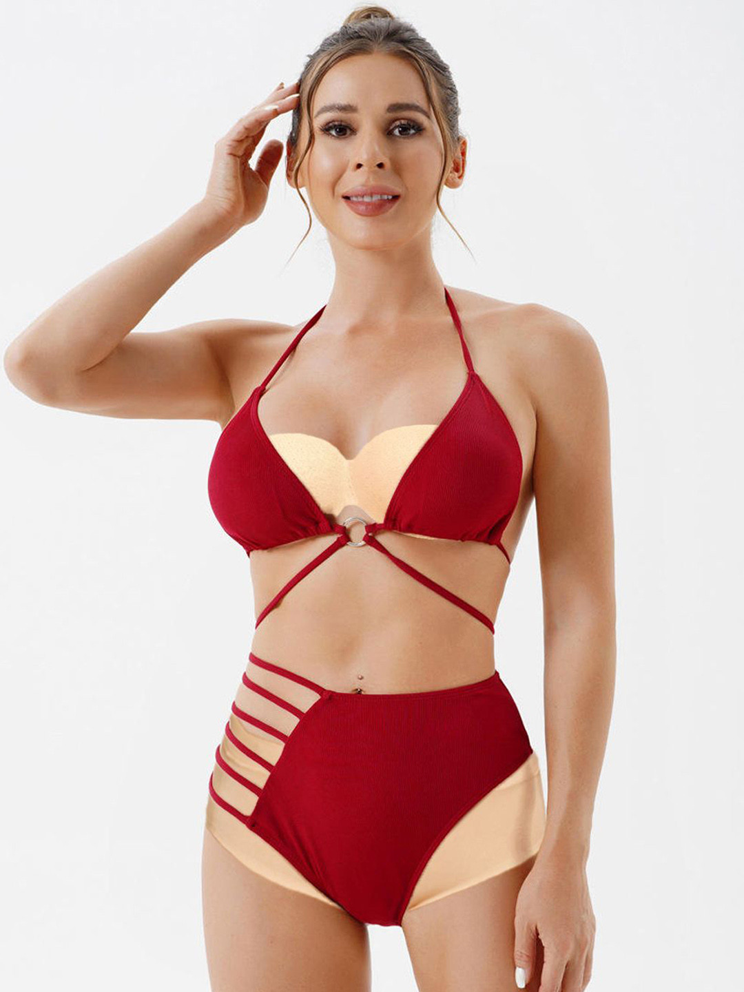 

KRENOZ Halter Neck Swim Bikini Set, Red