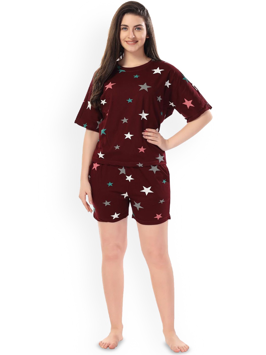 

Dreambe Women Printed Night suit, Maroon