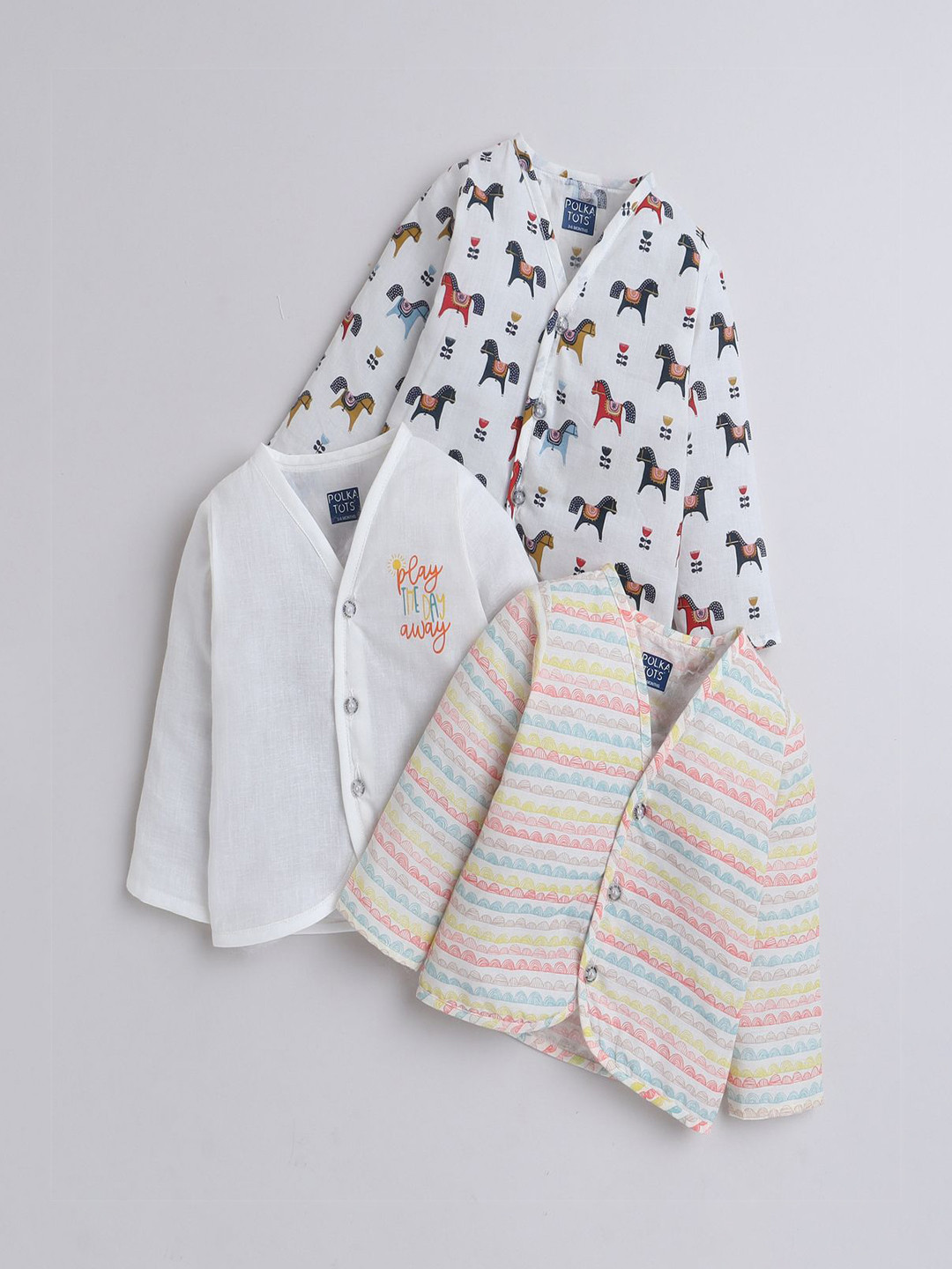 

Polka Tots Infants Pack Of 3 Printed Cotton Jhabla PTFV-10258, White