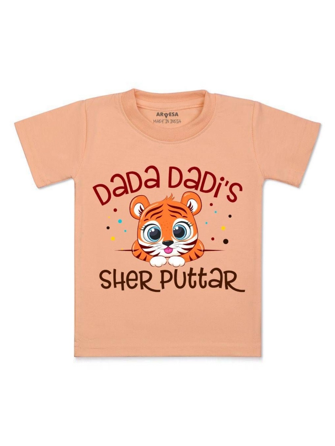 

Arvesa Kids Dada Dadi Sher Puttar Printed Tshirt, Peach