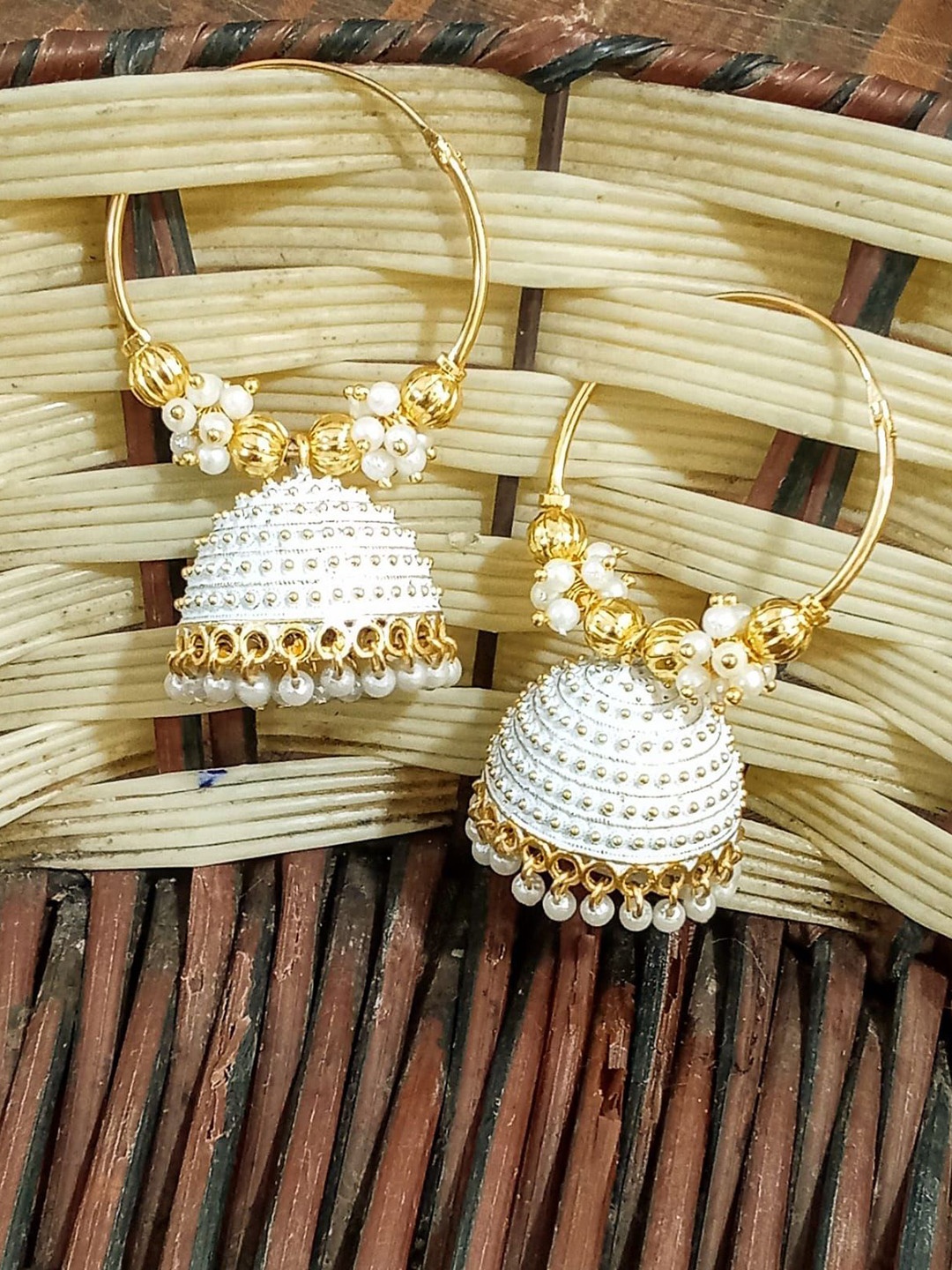 

JMBW INTERNATIONAL Set Of 2 Gold-Plated Artificial Beaded Dome Shaped Jhumkas, White
