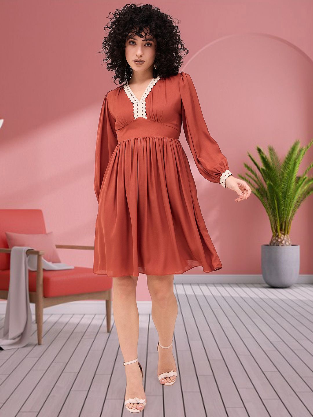 

CORSICA Puff Sleeve Crepe Fit & Flare Dress, Rust