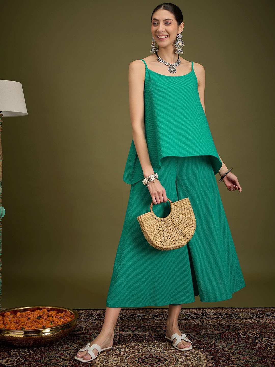 

Sangria Striped Pure Cotton Sleeveless Top & Trousers, Green