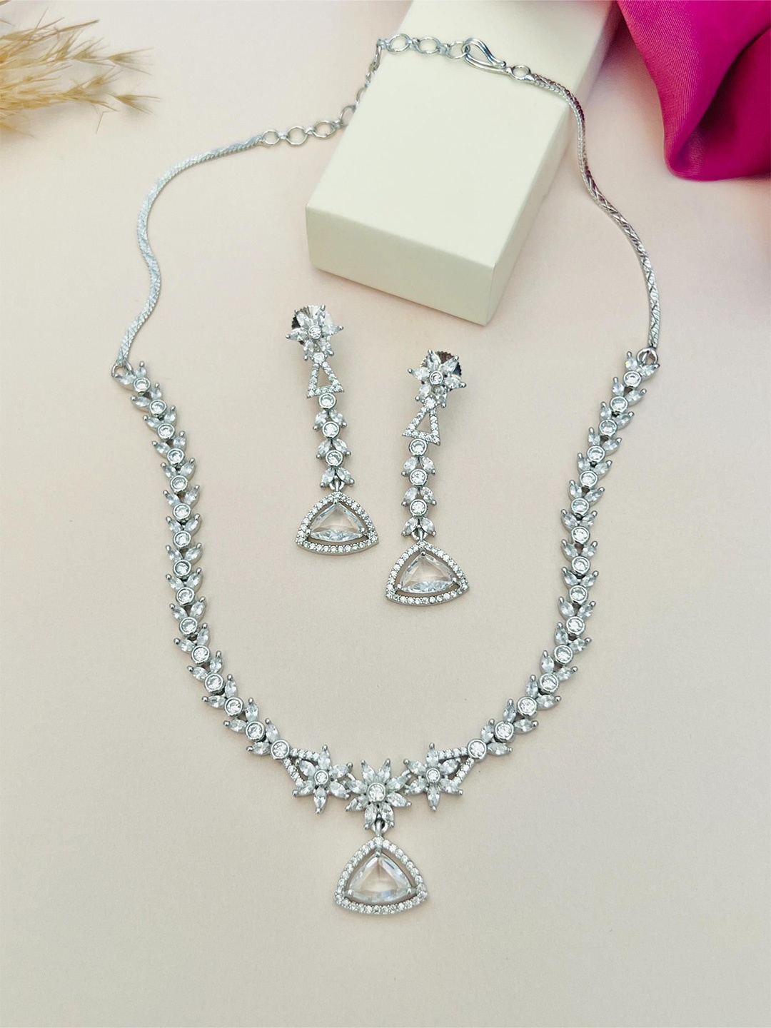 

ABDESIGNS Sophisticated Silver Plated American Diamond Jewellery Set