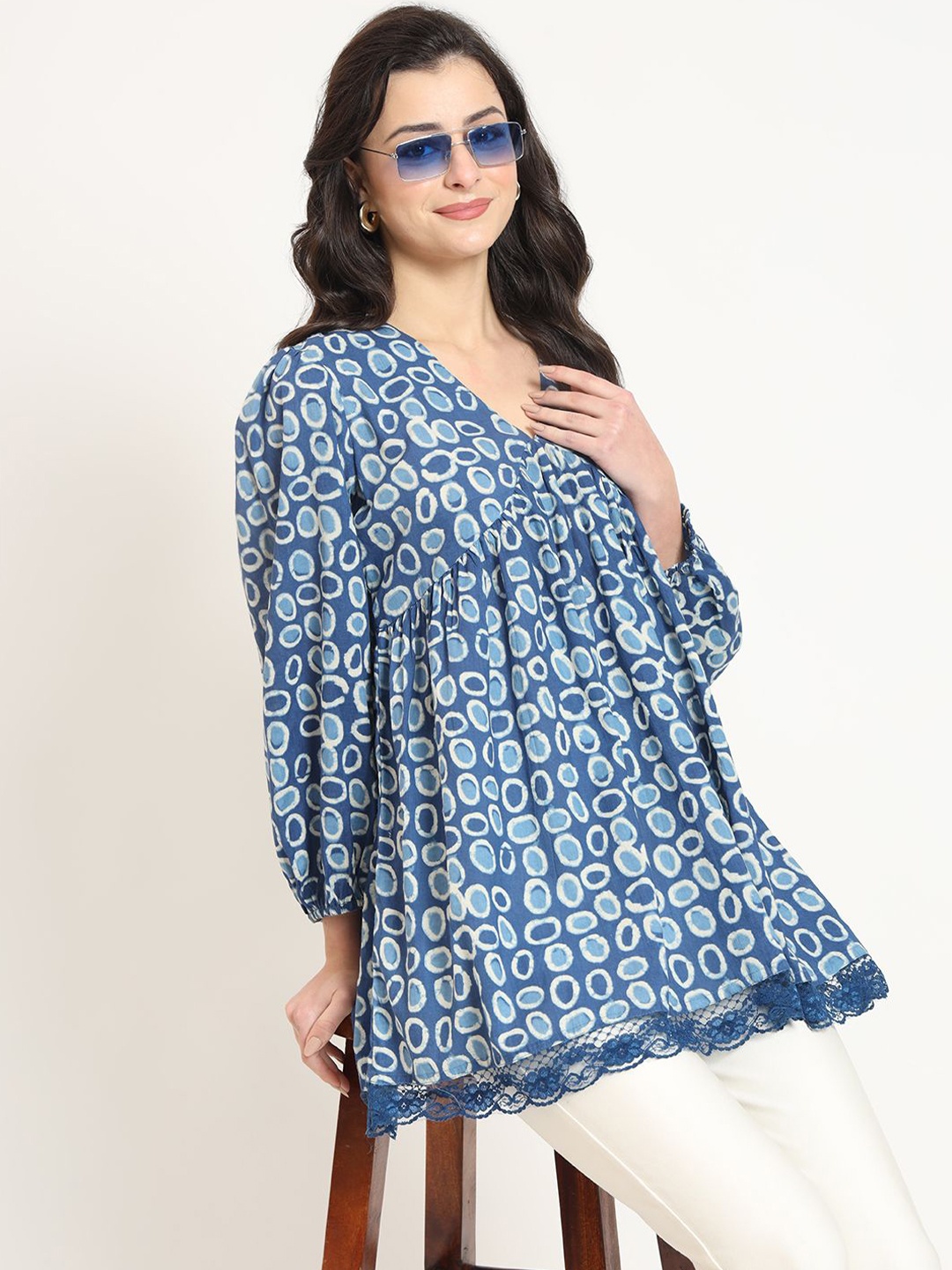 

BAESD Printed Cotton Empire Top, Blue