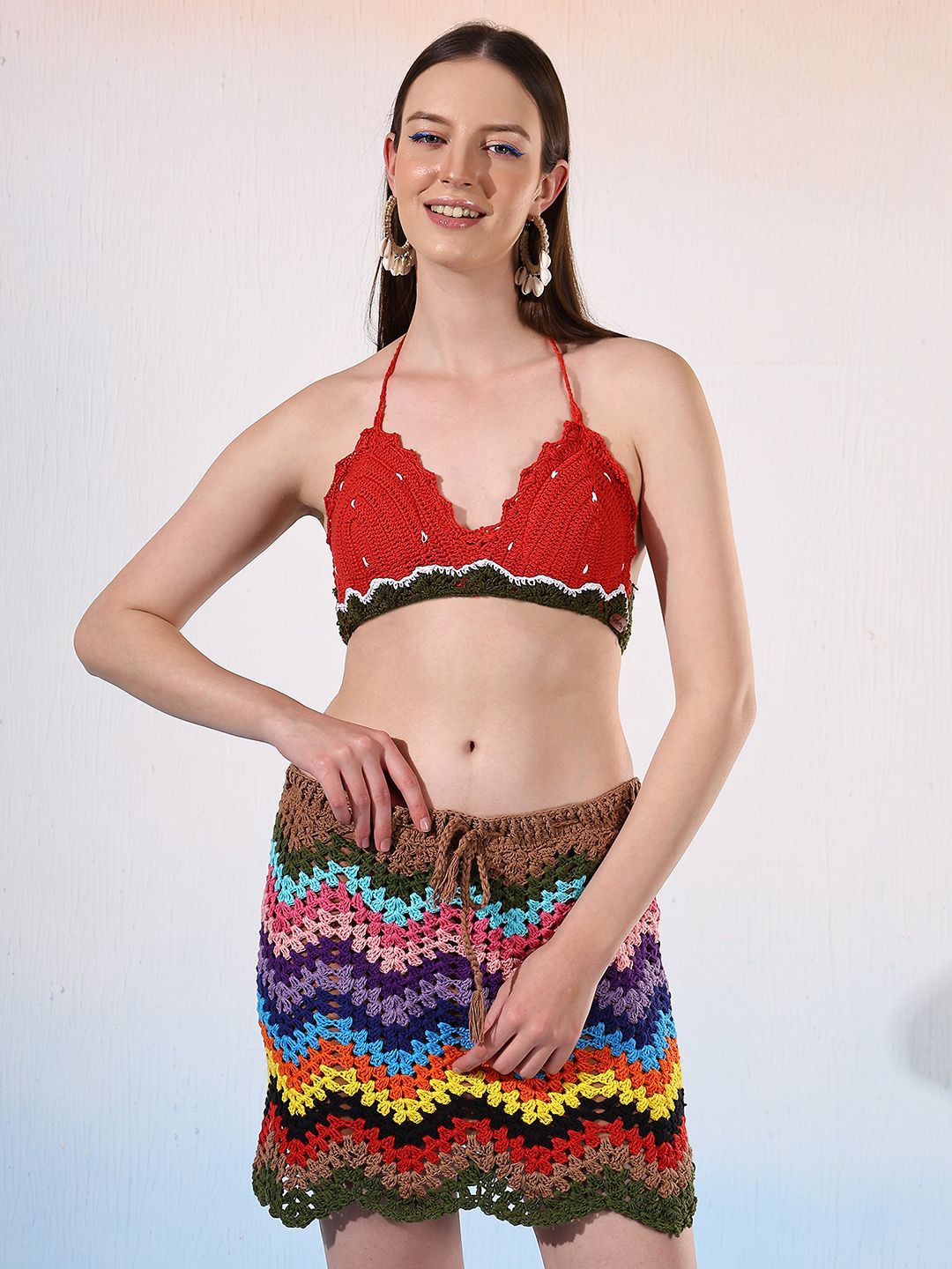 

Velvery Halter Neck Cotton Crochet Bralette Crop Top, Red