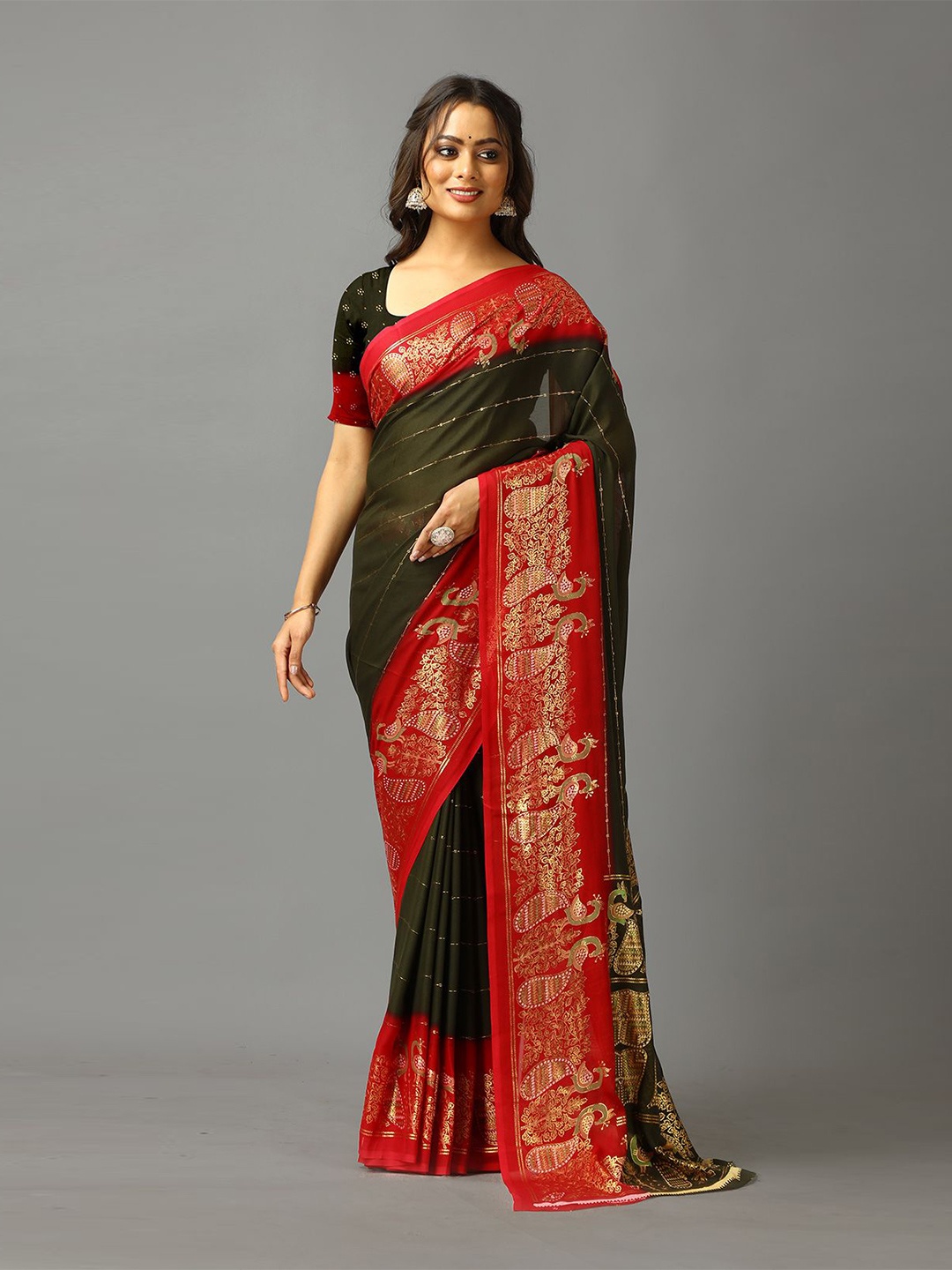 

NIRMAL CREATION Striped Pure Crepe Saree, Green