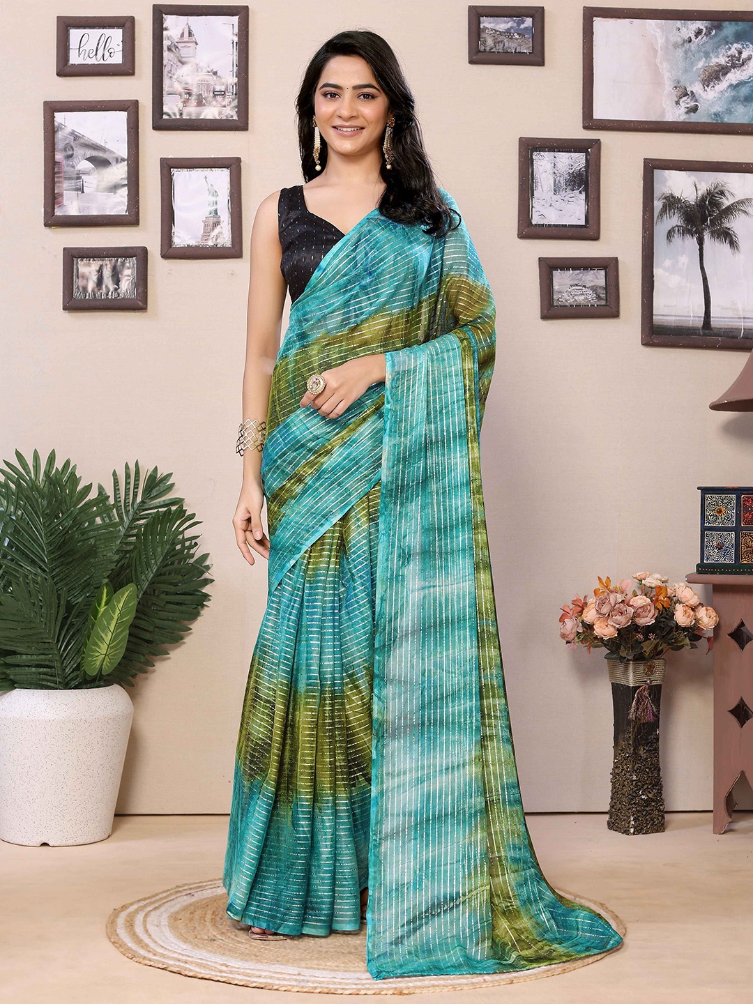 

Rhey Striped Pure Georgette Ready to Wear Saree, Green